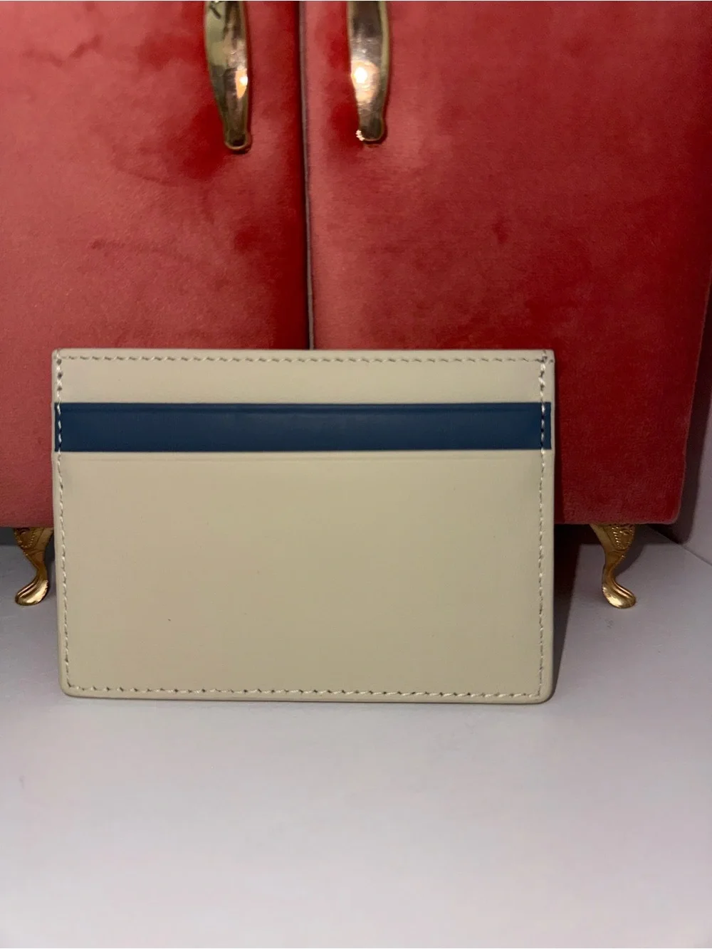Cream Leather Card Holder with Blue Accent